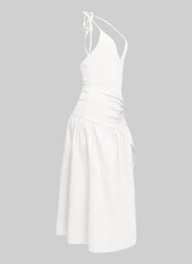 White cutout midi featuring woven fabric with light stretch and curve-hugging fit