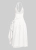 Soft white wrap midi with halter straps, adjustable tie, and clean minimalist vibe