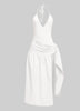 White halter midi dress with flirty side slit, built-in bodysuit, and waist wrap overlay