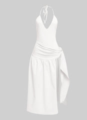 White halter midi dress with flirty side slit, built-in bodysuit, and waist wrap overlay