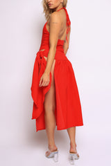 Coastal Flirt Halter Midi Dress with Tie Waist Detail