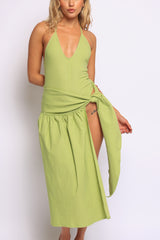 Coastal Flirt Halter Midi Dress with Tie Waist Detail