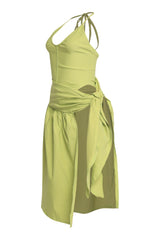 Vibrant greenish-yellow midi with cutout wrap overlay and body-contouring shape
