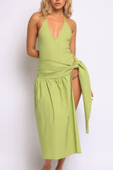 Coastal Flirt Halter Midi Dress with Tie Waist Detail
