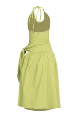 Bold chartreuse halter wrap dress with trendy silhouette and luxe woven texture