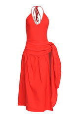 Red halter midi dress with tie waist skirt, high slit detail, and built-in bodysuit base