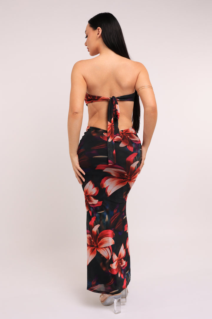 Midnight Bloom Strapless Cutout Midi Dress