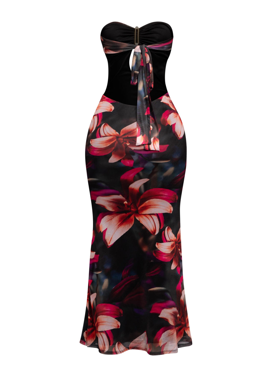 Bold tropical floral print dress with side cutouts and keyhole front

