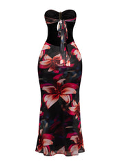 Bold tropical floral print dress with side cutouts and keyhole front

