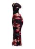 Evening-ready floral bodycon dress in black mesh with gold hardware

