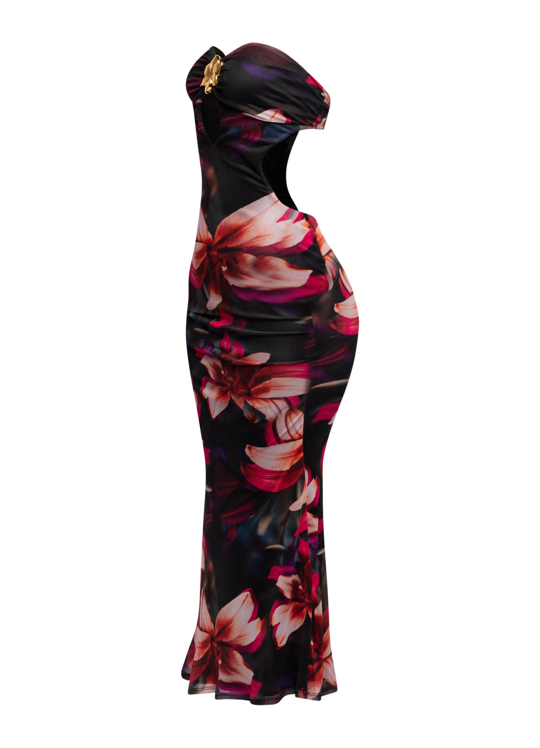 Evening-ready floral bodycon dress in black mesh with gold hardware

