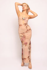 Soft romantic pink midi dress with keyhole cutout and floral print

