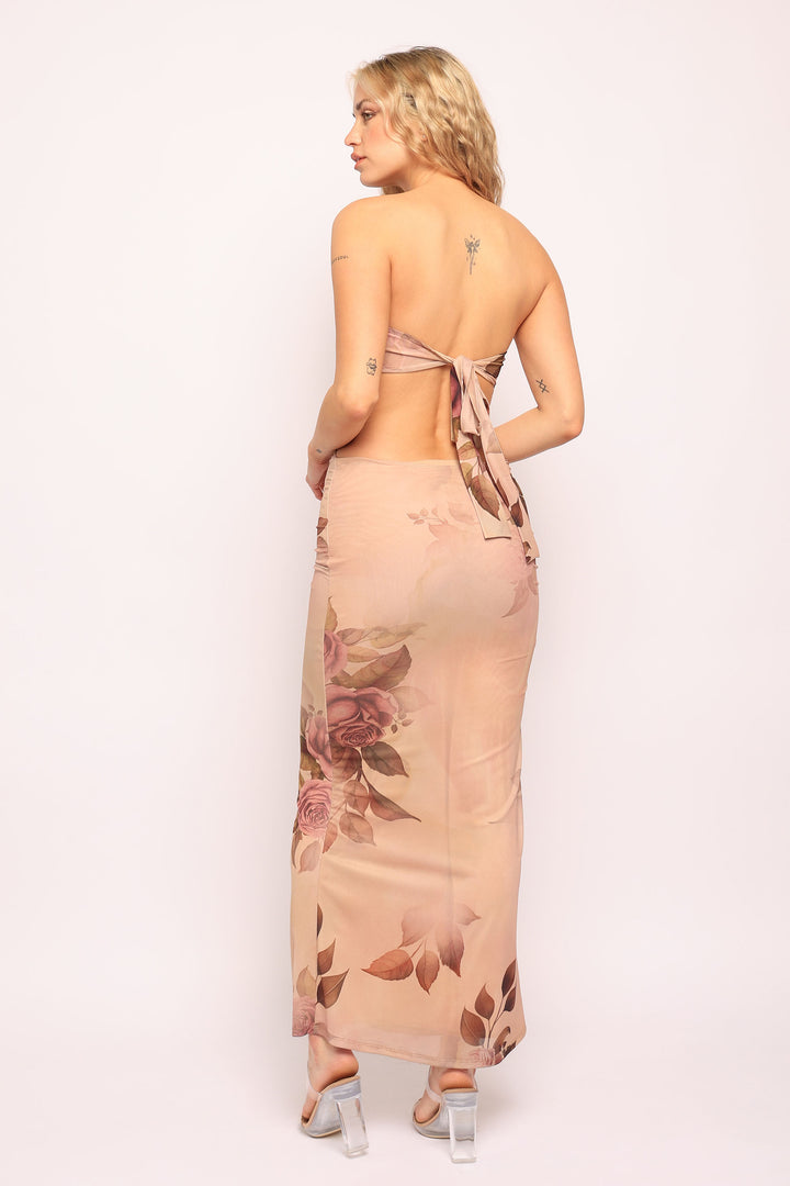 Sheer mesh rose print dress with adjustable back tie and midi length

