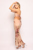 Blush floral bodycon dress with gold flower charm and tie-back detail

