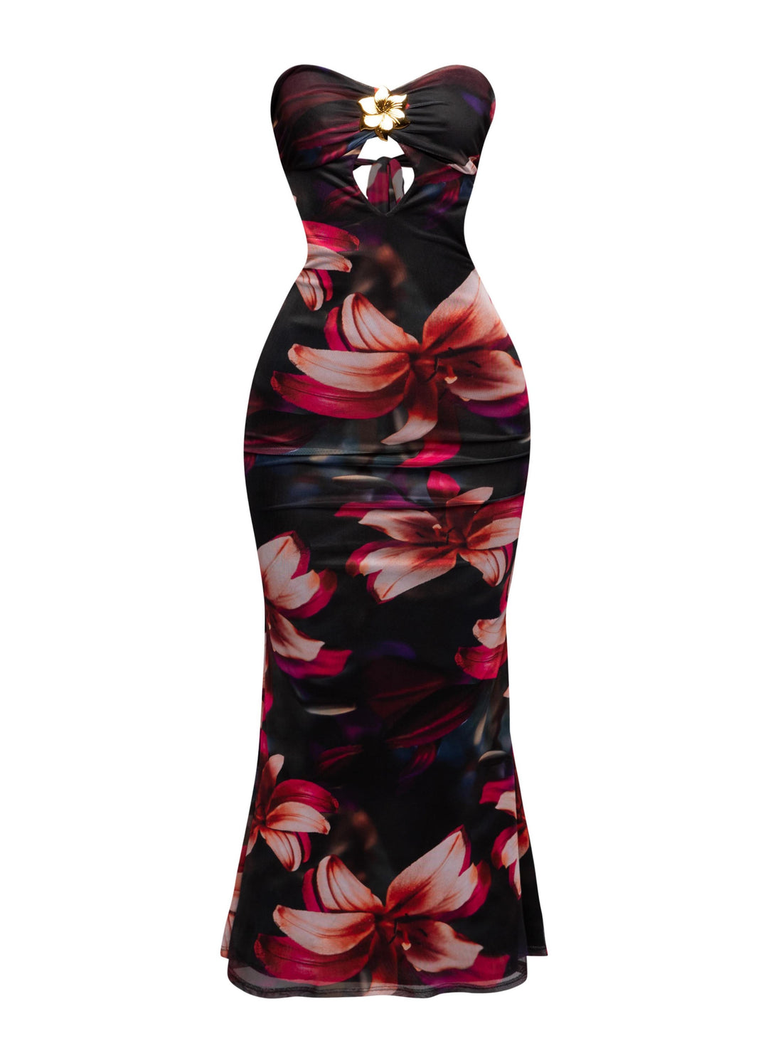 Strapless black floral mesh midi dress with cutouts and gold flower detail

