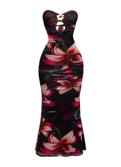 Strapless black floral mesh midi dress with cutouts and gold flower detail

