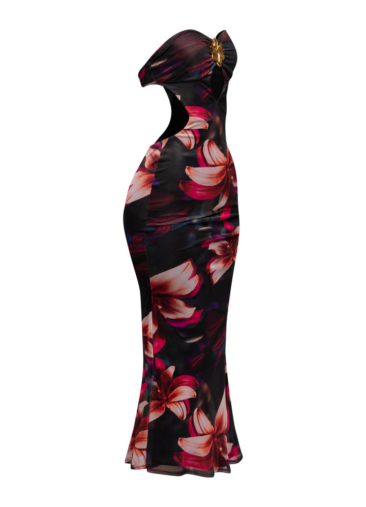 Black strapless mesh midi with pink lilies and sculpted cutout waist

