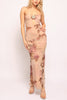 Strapless blush pink floral mesh dress with rose print and cutout waist

