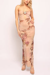 Strapless blush pink floral mesh dress with rose print and cutout waist

