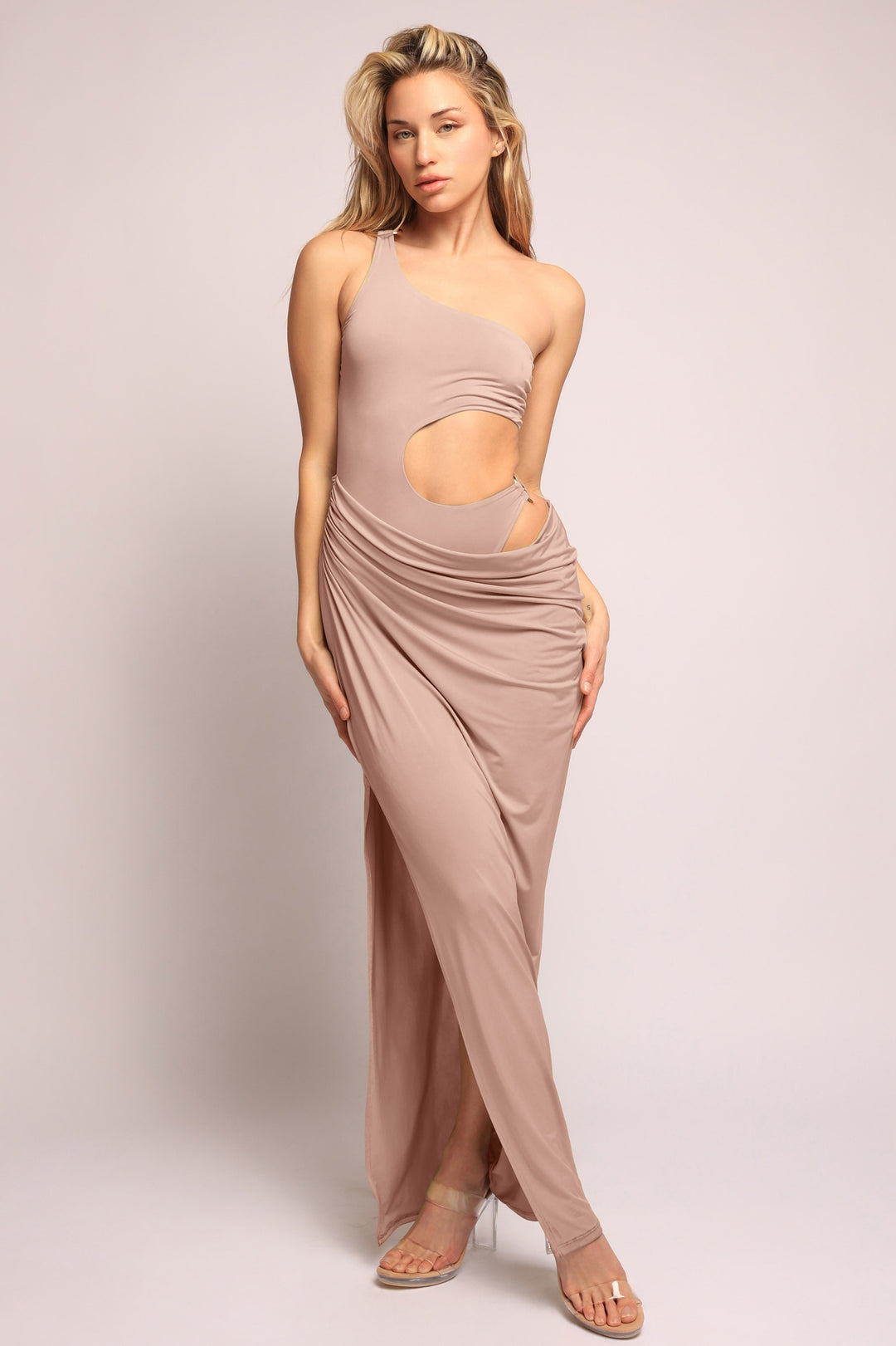 Asymmetric Cut-Out Maxi Dress with Draped Detail
