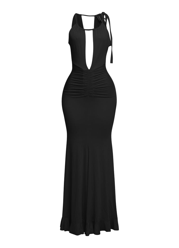 Black halter maxi with sultry deep V cut and cinched waistline

