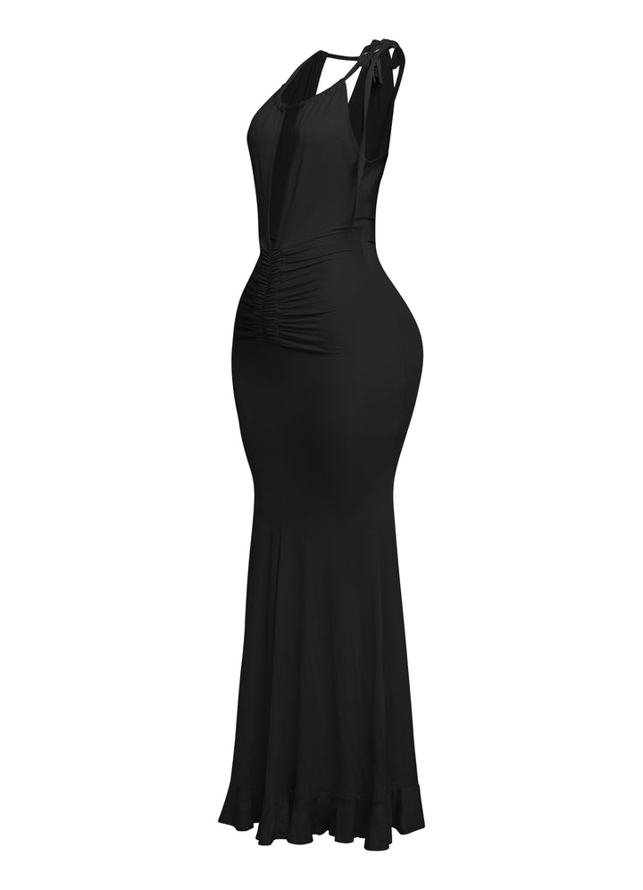 Evening-ready black halter gown with flounce hem and curve fit

