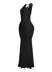 Evening-ready black halter gown with flounce hem and curve fit

