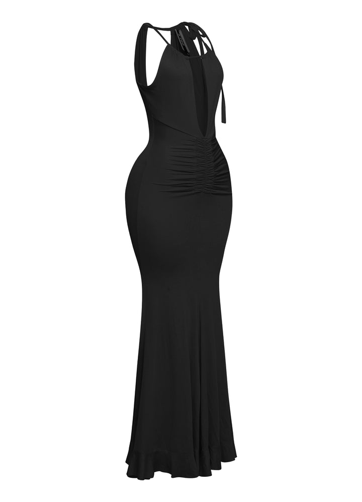 Body-skimming black dress with dramatic neckline and slight flare

