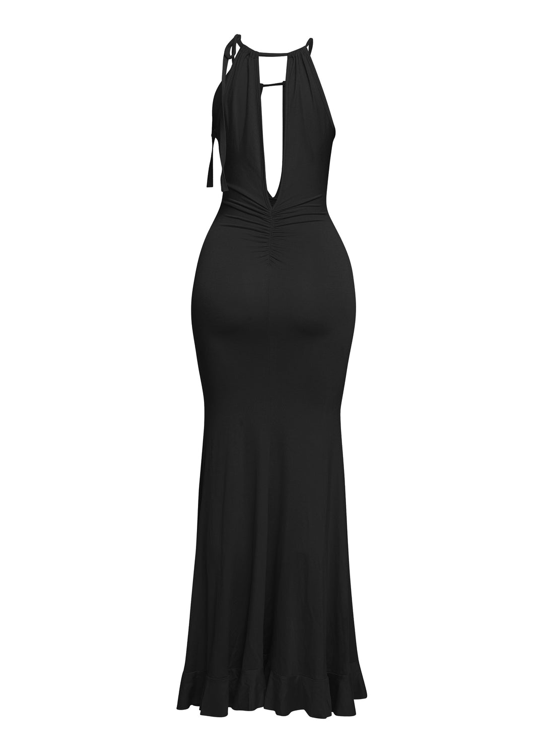 Sleek black plunge dress with shoulder tie and ruched center

