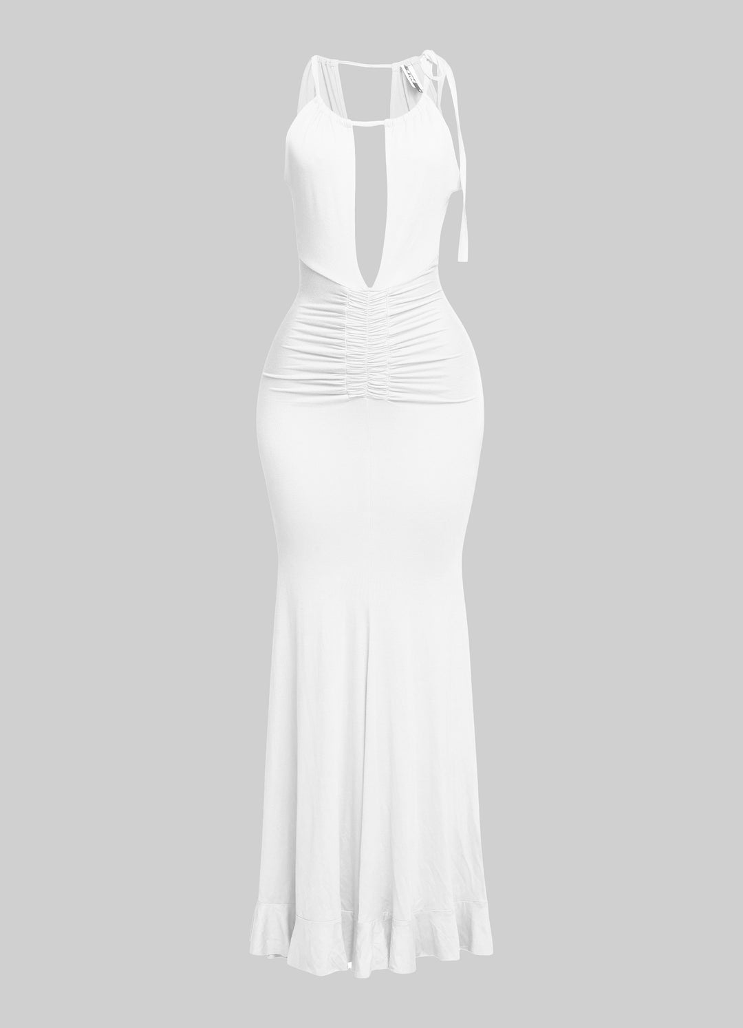 Evening-ready black halter gown with flounce hem and curve fit

