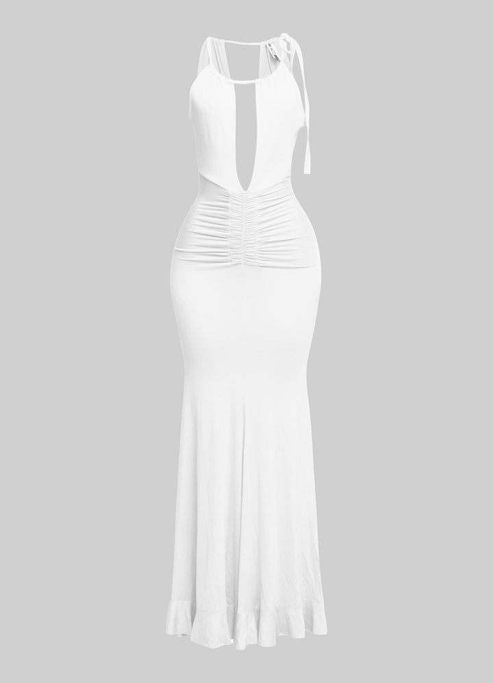 Evening-ready black halter gown with flounce hem and curve fit

