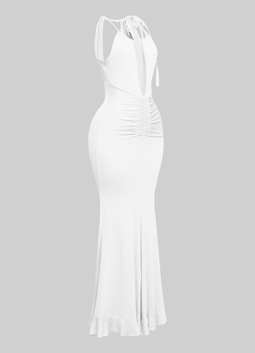 Clean white maxi dress with tie straps and soft stretch finish

