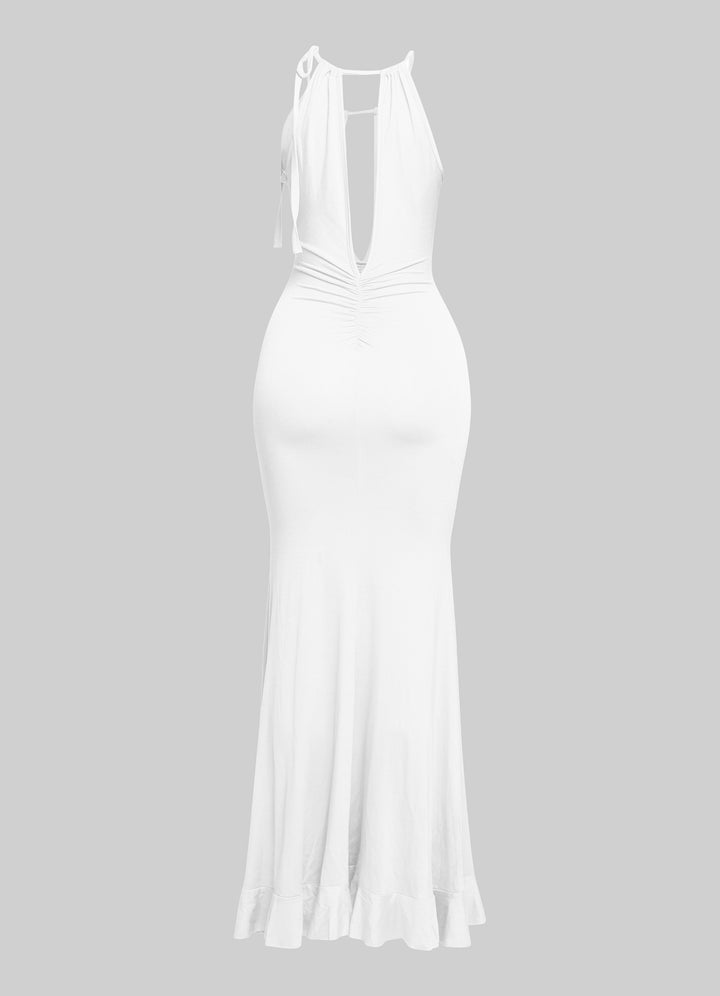Side angle of white halter maxi with gathered detail at midsection

