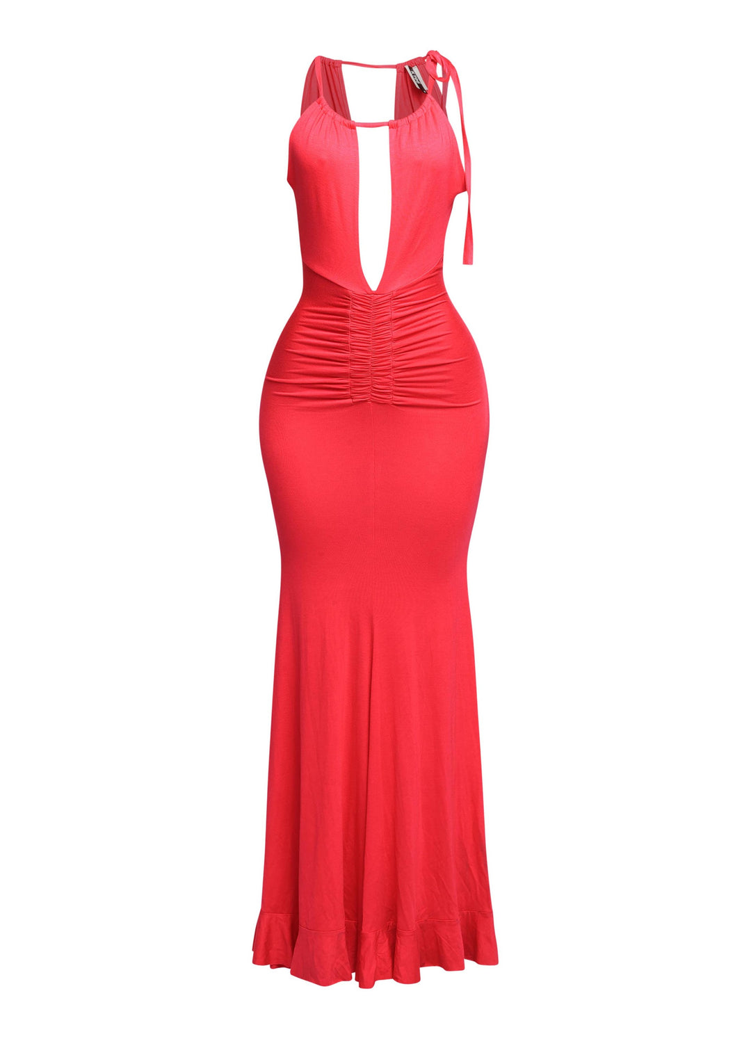 Bright red maxi dress with gathered waist and open front cutout

