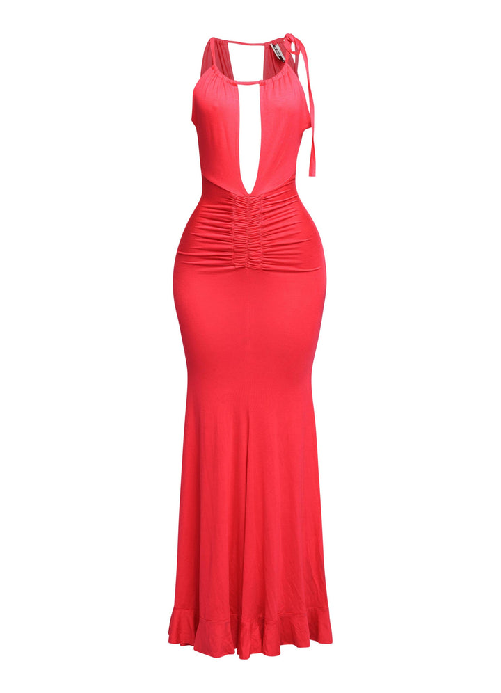 Bright red maxi dress with gathered waist and open front cutout

