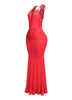 Side view of red plunge halter dress showing flared hemline and slim fit

