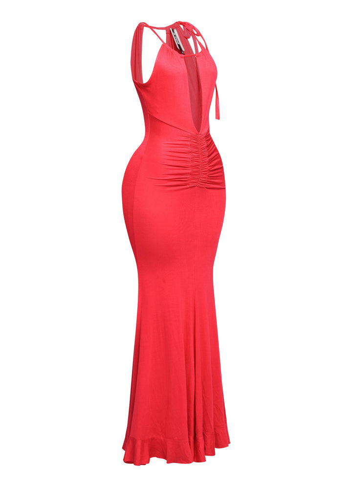 Back view of red dress with deep V drop and ruched back waist


