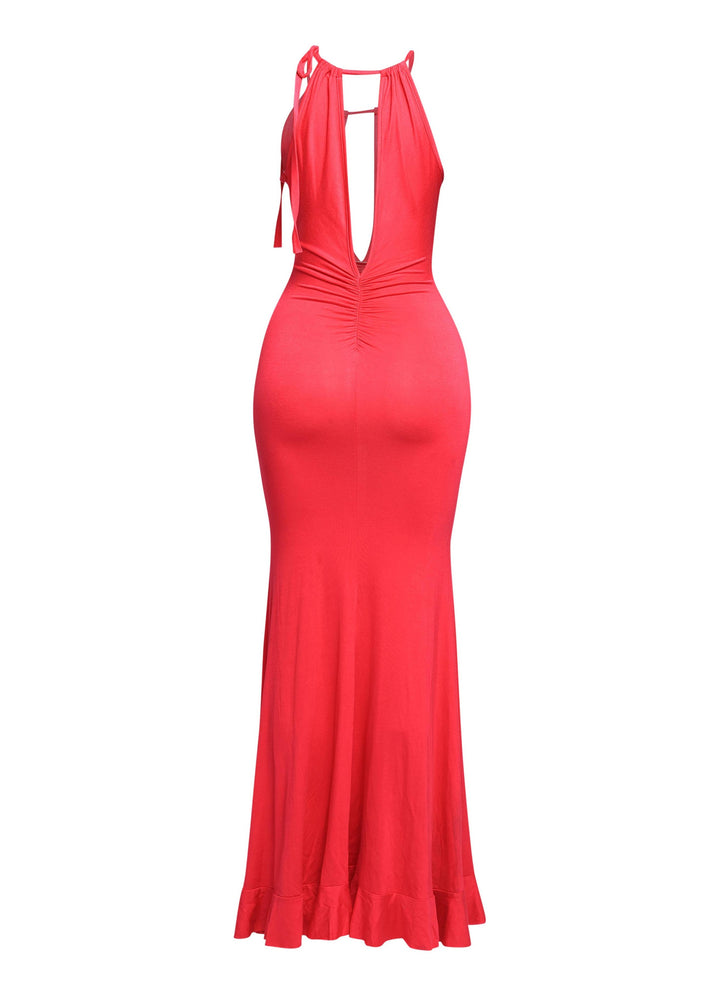Red evening halter maxi perfect for summer date nights and beach weddings

