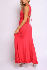 Curve-hugging red sleeveless dress with flounce hem and tie straps

