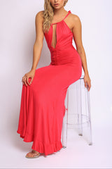 Red halter neck maxi dress with deep plunge neckline and ruched detail

