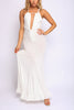 Full-length ivory maxi dress with ruffle hem and slim fit design

