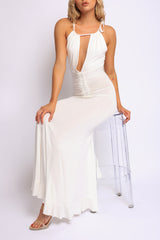 White halter neck maxi with ruched bodice and open plunge neckline

