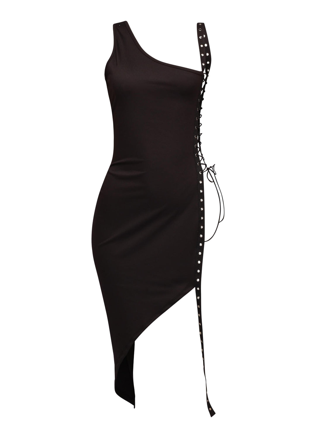 Asymmetrical one shoulder black midi dress with lace-up grommet slit and stretch bodycon fit
