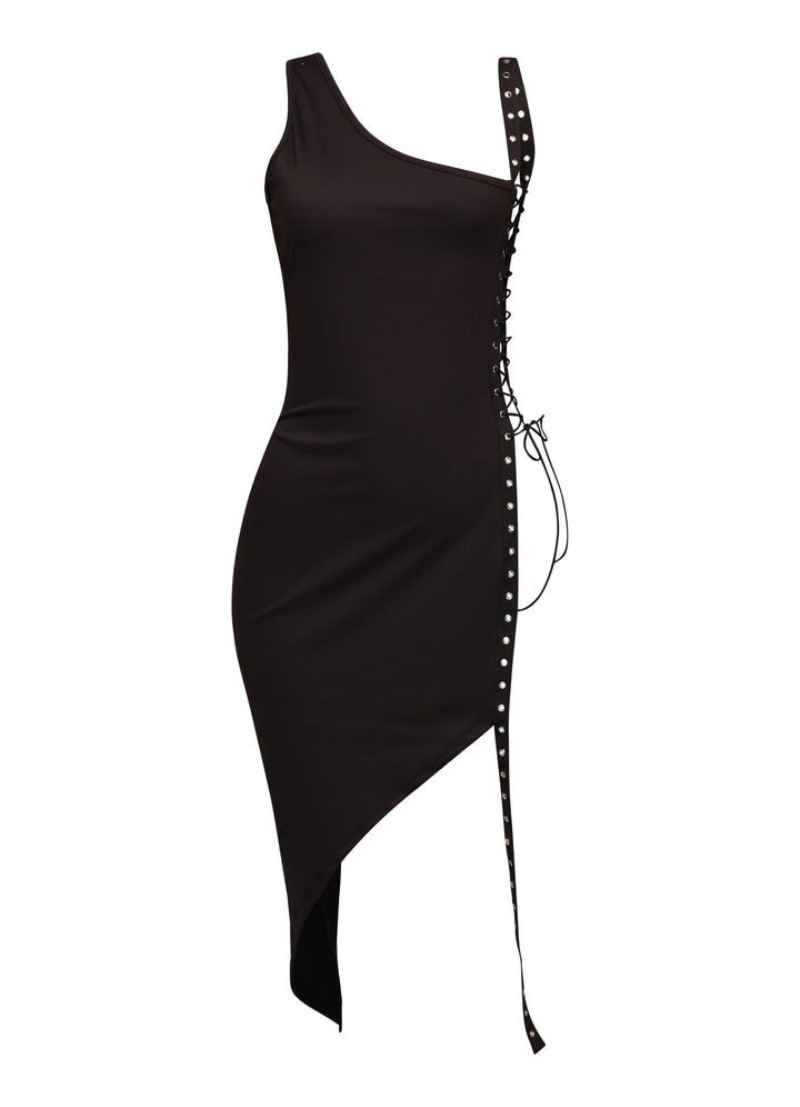 Asymmetrical one shoulder black midi dress with lace-up grommet slit and stretch bodycon fit