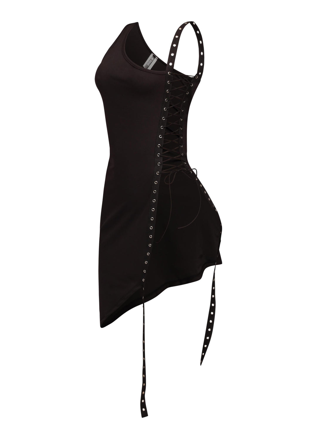 Sleek one shoulder midi dress in black with adjustable lace-up slit and high-low hem silhouette