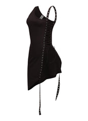 Sleek one shoulder midi dress in black with adjustable lace-up slit and high-low hem silhouette