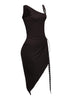 Asymmetrical one shoulder black midi dress with lace-up grommet slit and stretch bodycon fit