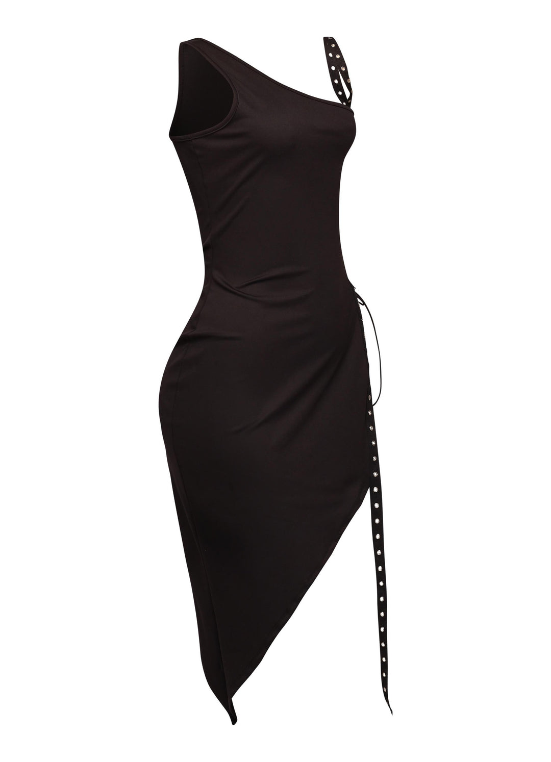 Asymmetrical one shoulder black midi dress with lace-up grommet slit and stretch bodycon fit