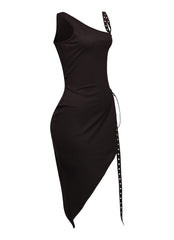 Asymmetrical one shoulder black midi dress with lace-up grommet slit and stretch bodycon fit
