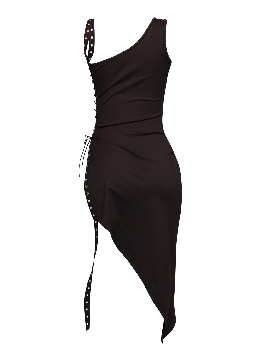 Curve-hugging black asymmetrical dress with hardware detailing and edgy lace-up cutout